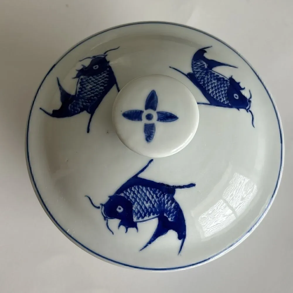 Chinese Koi Fish Serving Bowl With Lid Ceramic Blue White